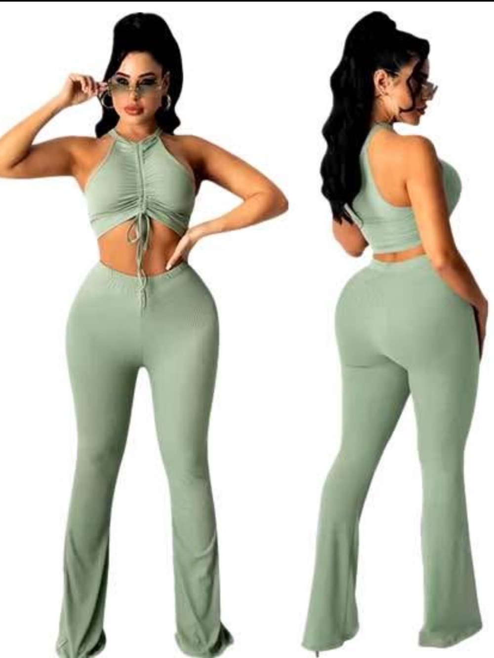 Women’s Sage Green Two-Piece Halter Crop Top Flare High Waist Pants Ribbed Set